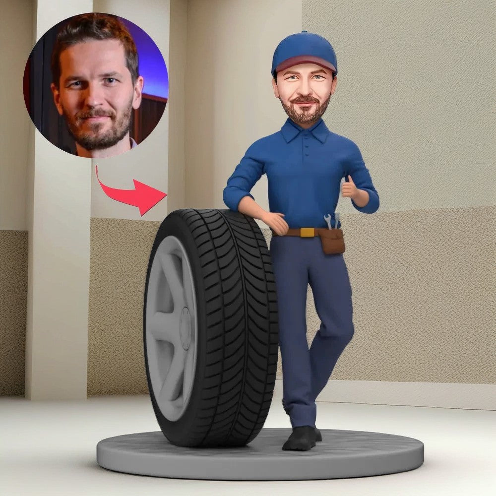 Custom Bobblehead Handsome Car Engineer, Car Mechanic Leaning on A Tire