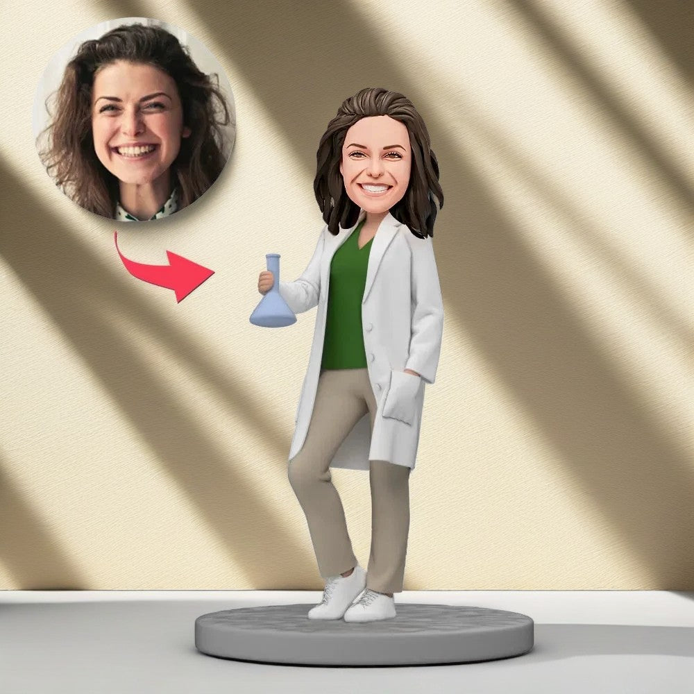 Custom Female Scientist/Researcher Bobblehead Holding Experimental Equipment