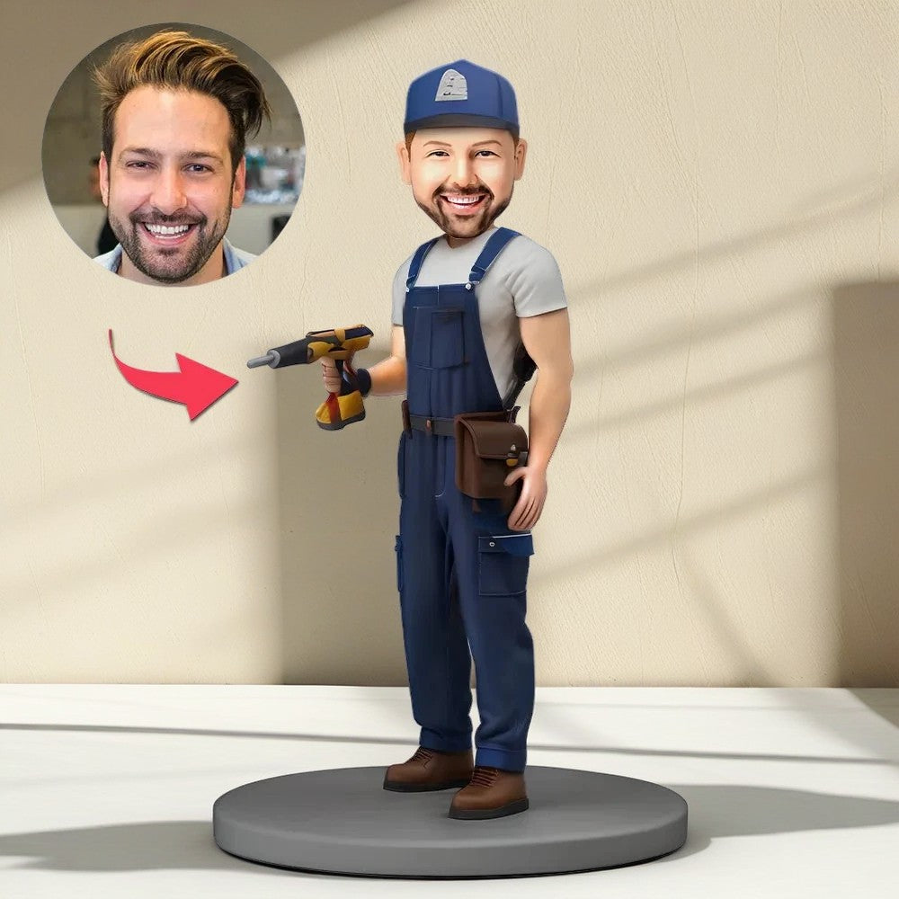 Custom Bobblehead Carpenter Holding Drill With Text