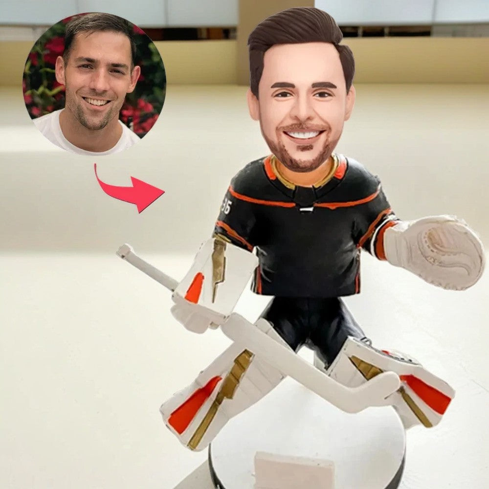 Custom Bobblehead Hockey Goalie in Defensive Pose Gift For Snowball Tournament Player