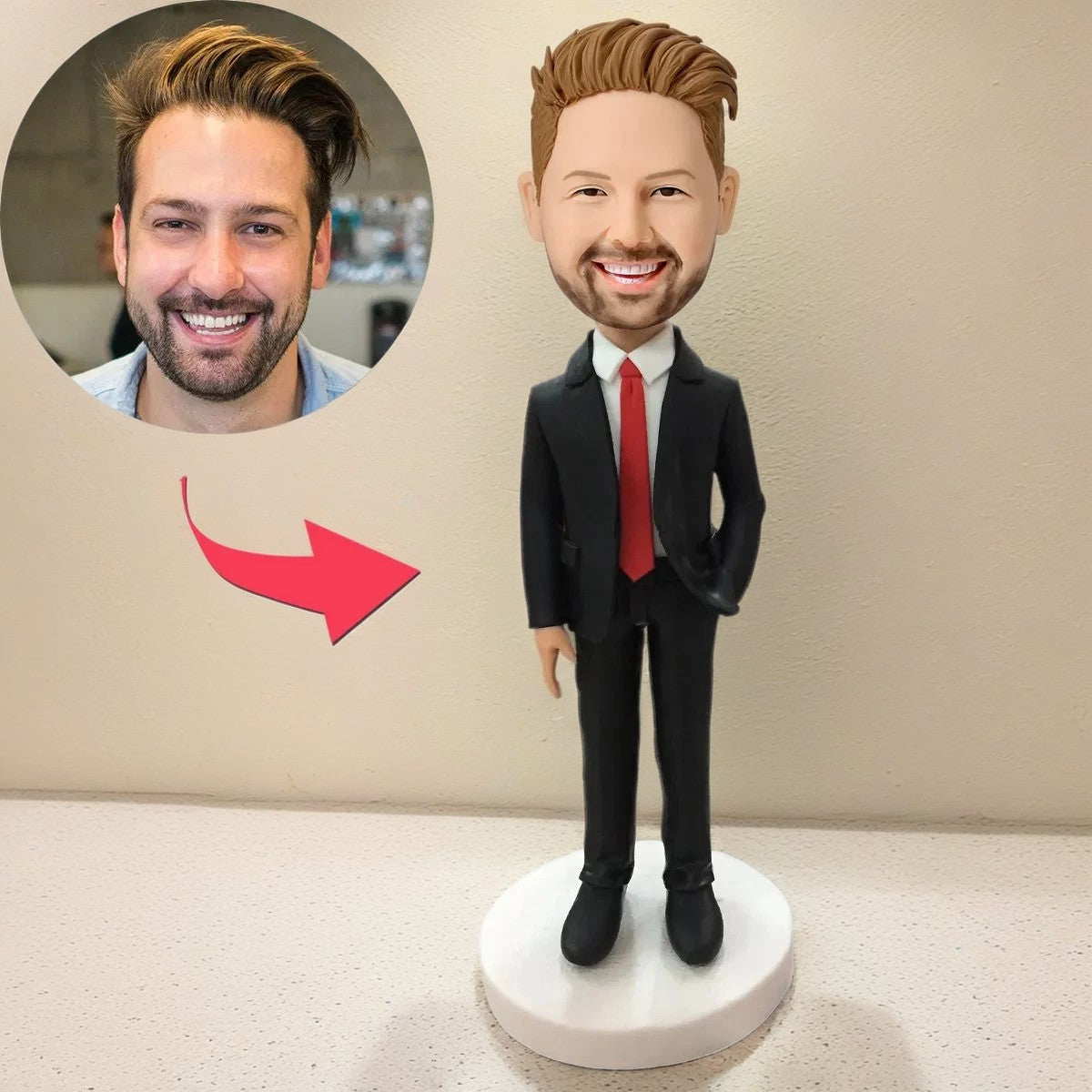 Male Executive In Red Tie Custom Bobblehead With Engraved Text