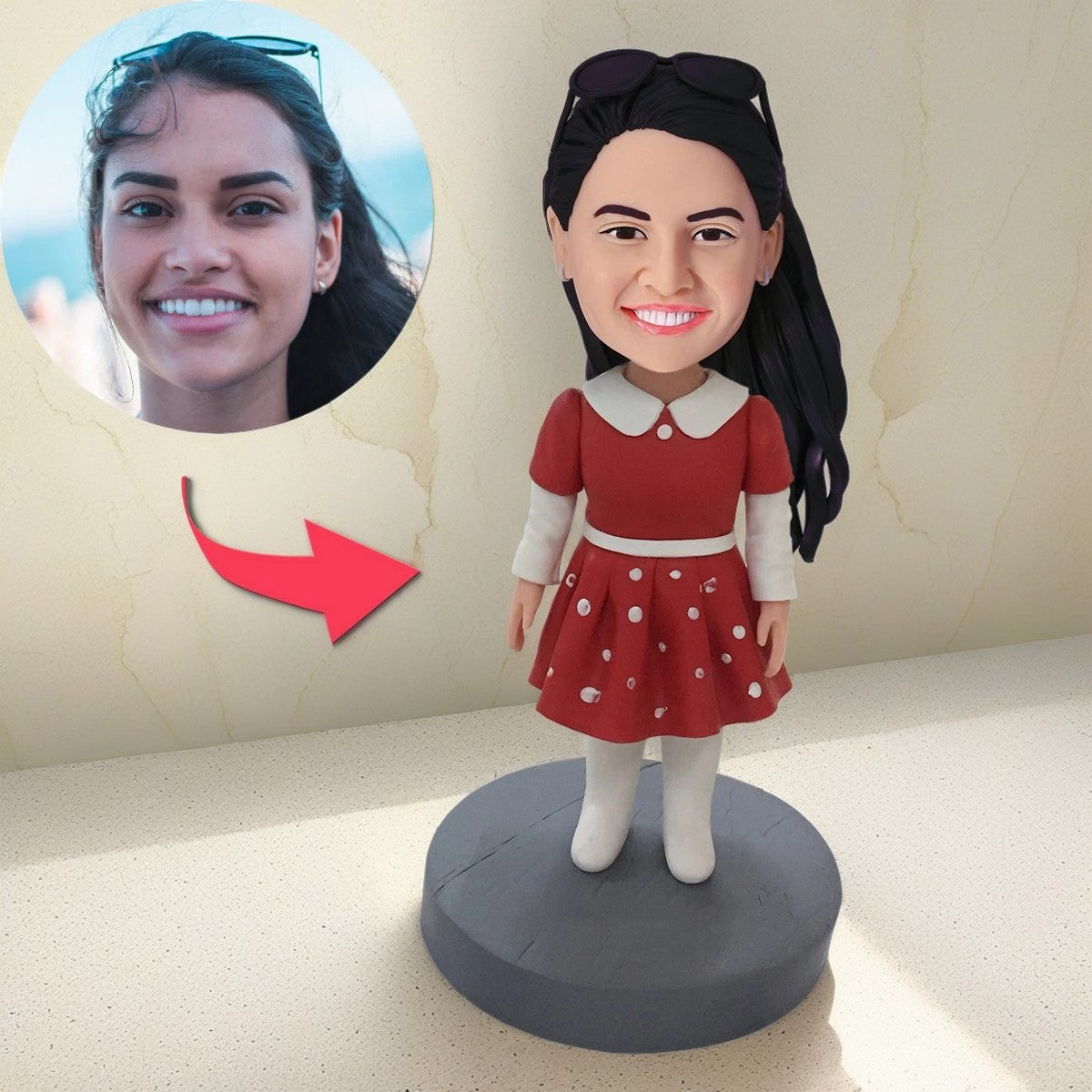 Small Girl In Red Dress Custom Bobblehead With Engraved Text