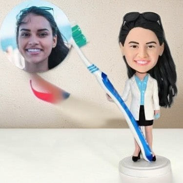 Female Dentist With A Toothbrush Custom Bobblehead With Engraved Text