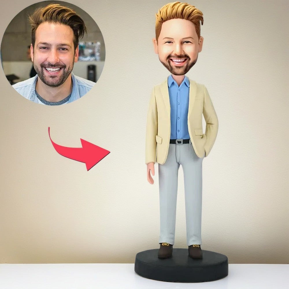 Businessman With Hand In Pocket Custom Bobblehead With Engraved Text