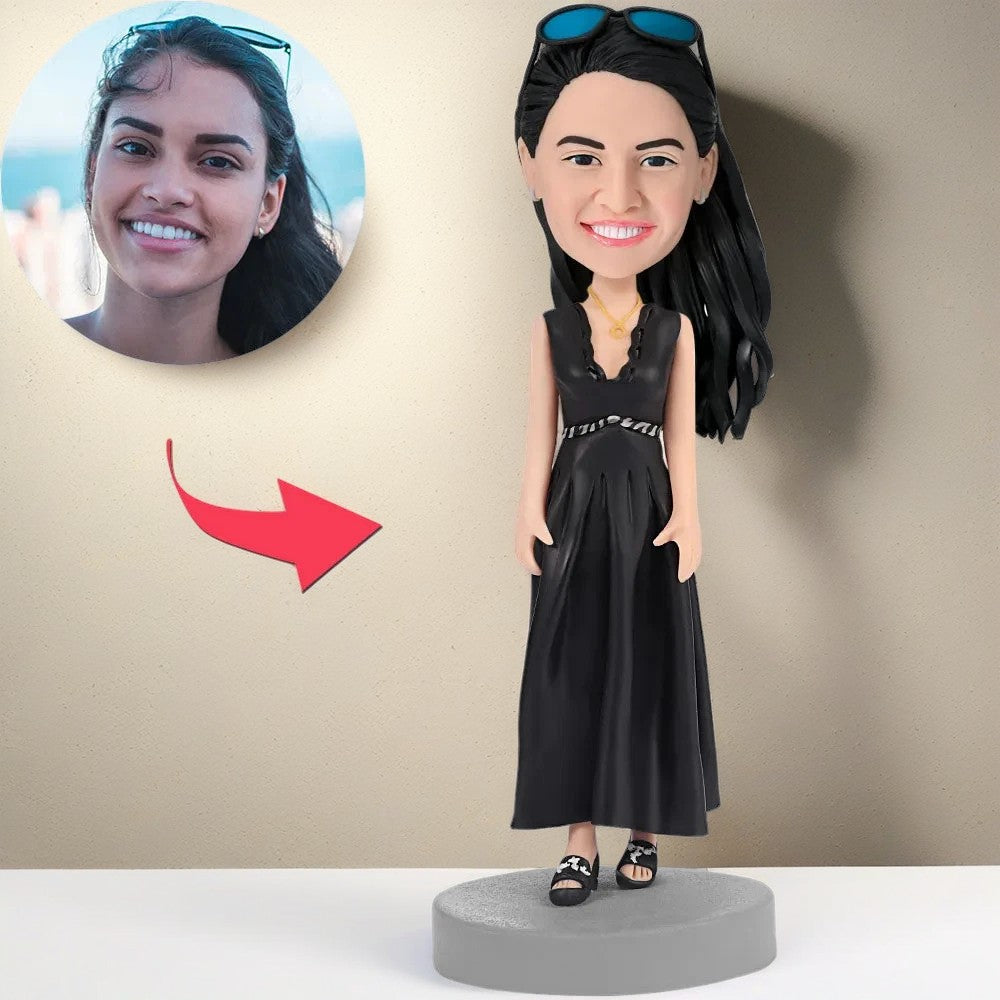 Woman In Black Dress Custom Bobblehead With Engraved Text