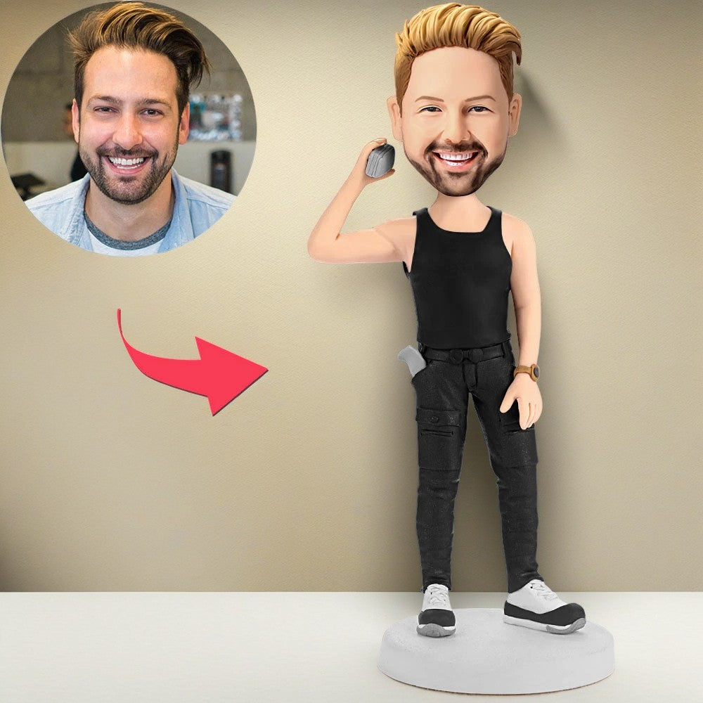 Man Holding A Phone Custom Bobblehead With Engraved Text