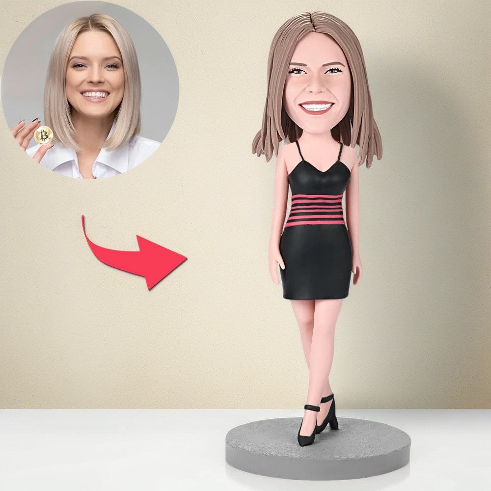 Female Wearing A Black Dress Custom Bobblehead With Engraved Text