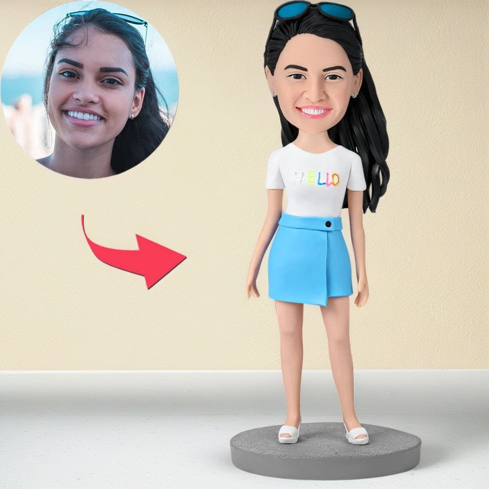 Fashion Girl Wearing Blue Skirt Custom Bobblehead With Engraved Text