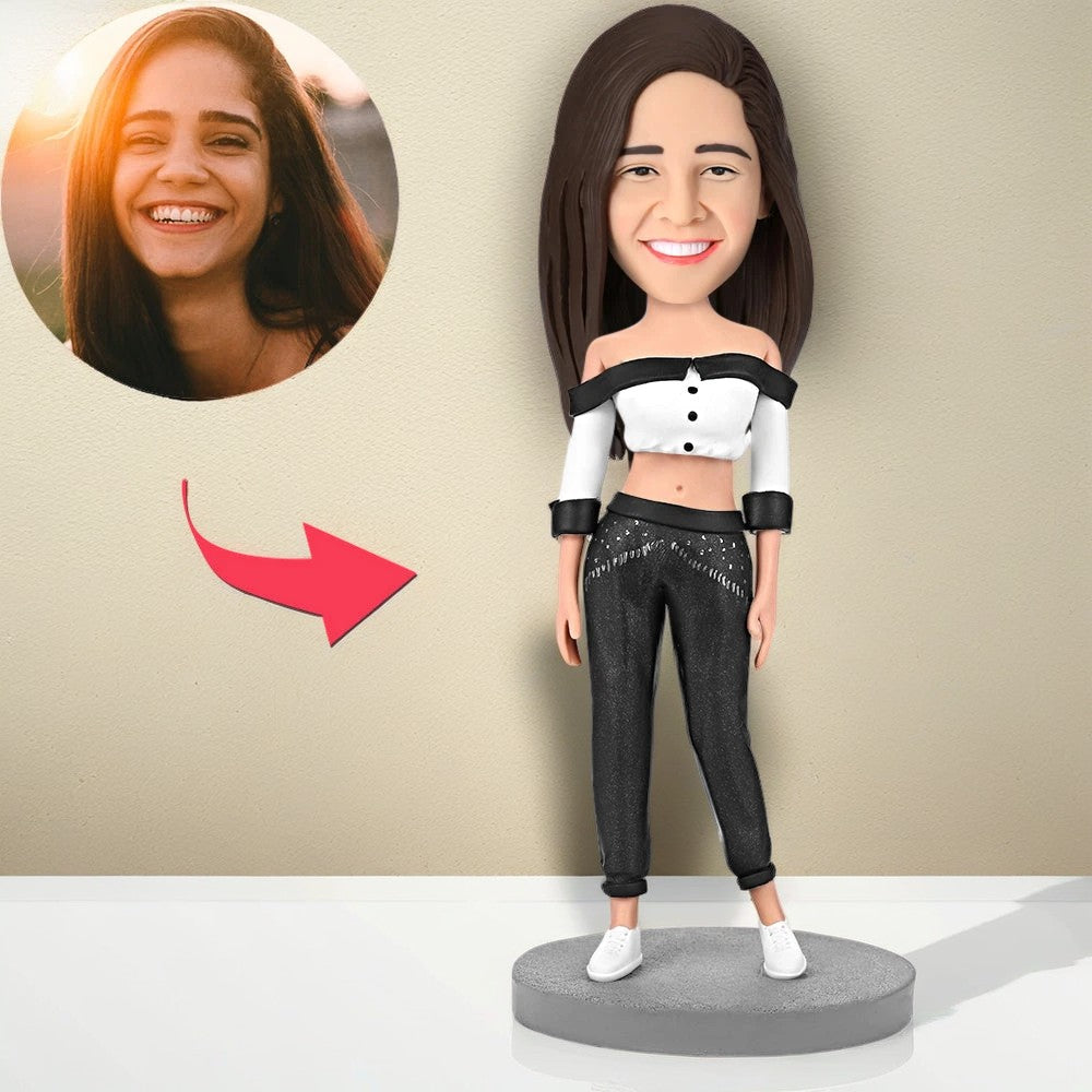 Beautiful Girl In Black Pants Custom Bobblehead With Engraved Text