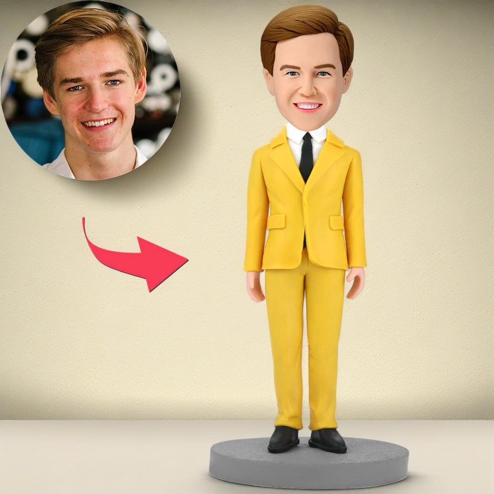 Modern Man In Yellow Suit Custom Bobblehead With Engraved Text