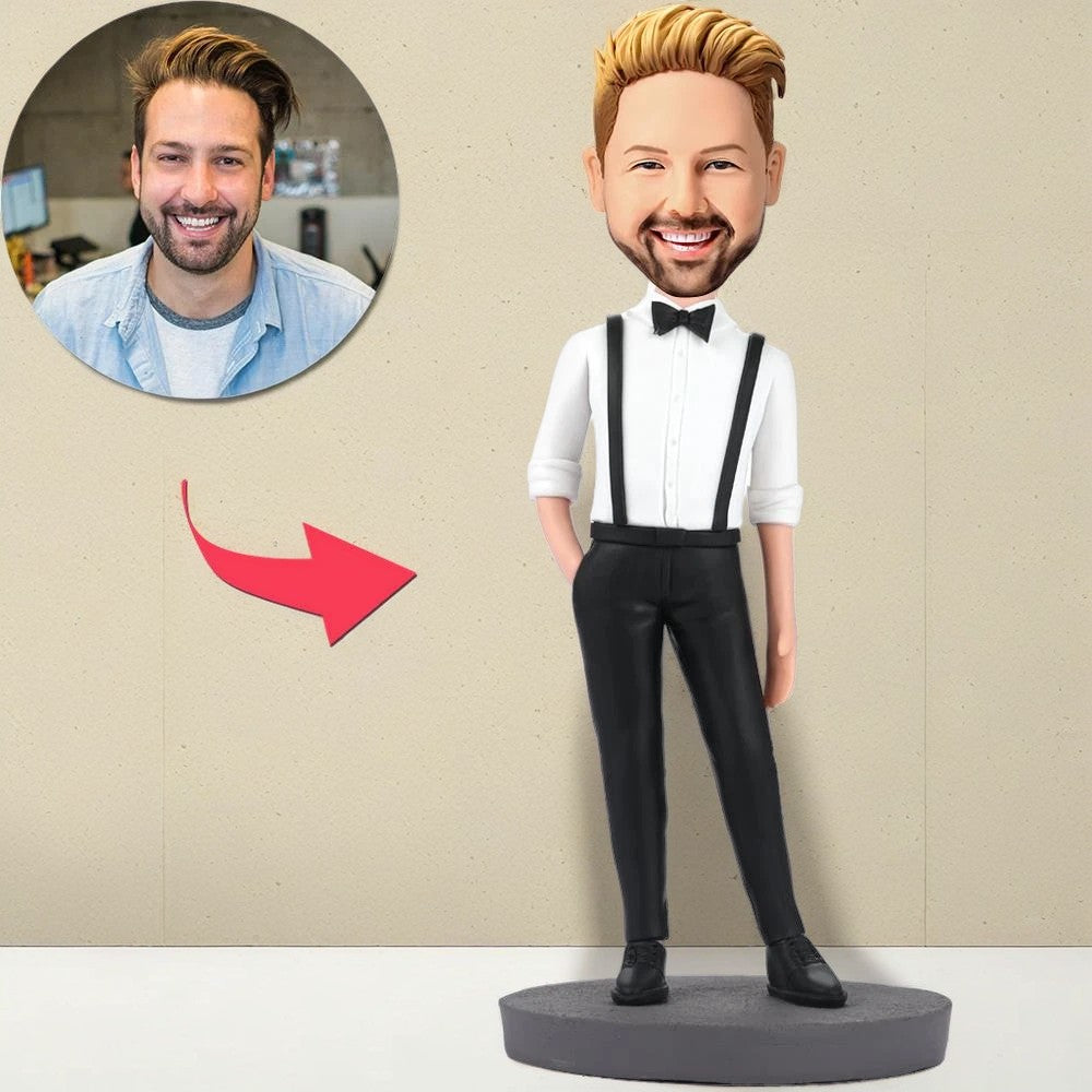 Handsome Man In Bib Pants Custom Bobblehead With Engraved Text