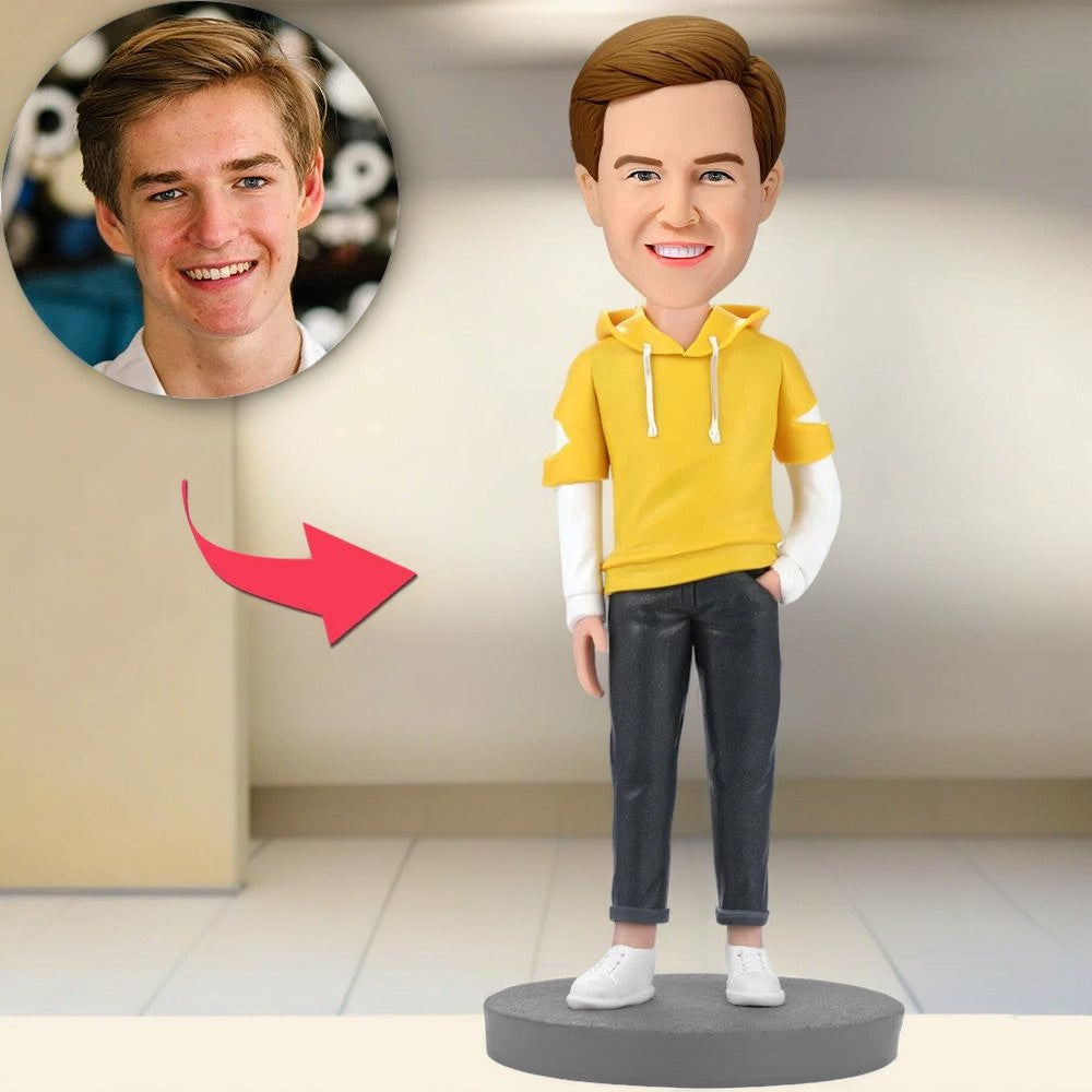 Fashion Man Wearing Yellow Hoodie Custom Bobblehead With Engraved Text