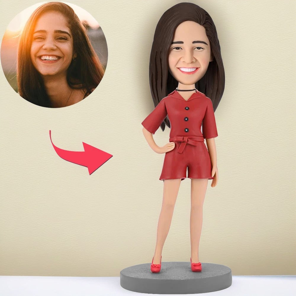 Modern Beautiful Girl In Red Suit Custom Bobblehead With Engraved Text