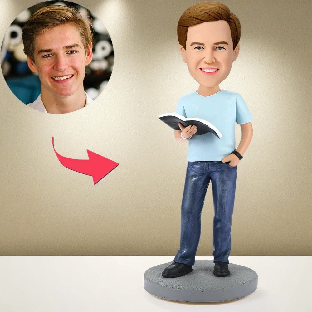 Modern Reading Book Man Custom Bobblehead With Engraved Text