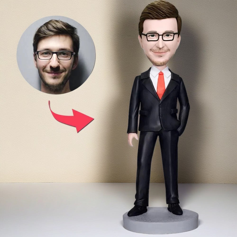 Business Man In Black Suit Custom Bobblehead With Engraved Text