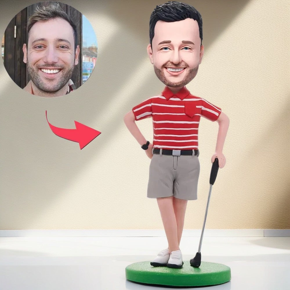 Golfer Posing In Red Shirt Custom Bobblehead With Engraved Text