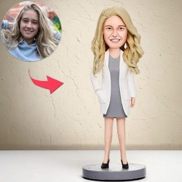 Female Doctor In White Dress Custom Bobblehead With Engraved Text