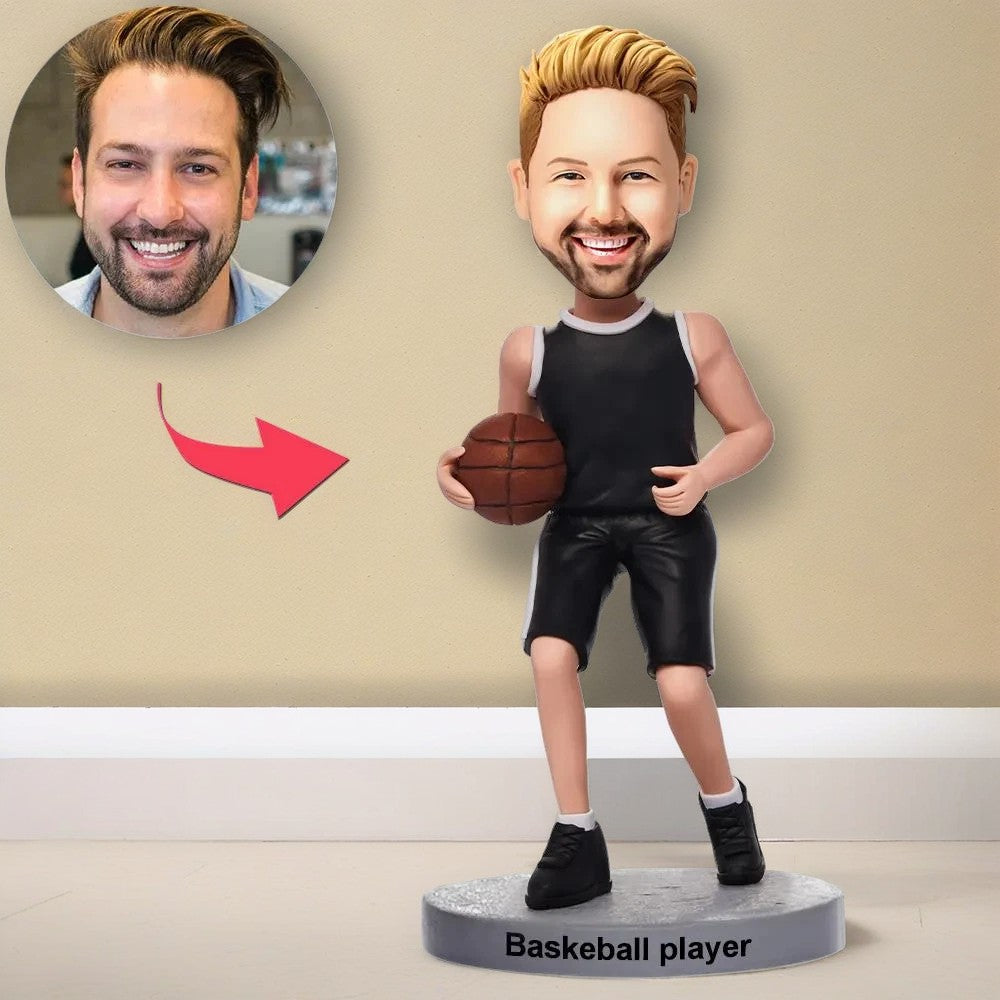 Basketball Player Dribbling In Black Uniform Custom Bobblehead With Engraved Text