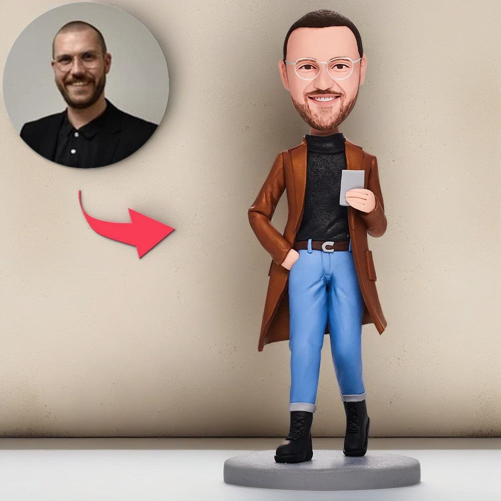 Casual Fashion Man With Phone Custom Bobblehead With Engraved Text