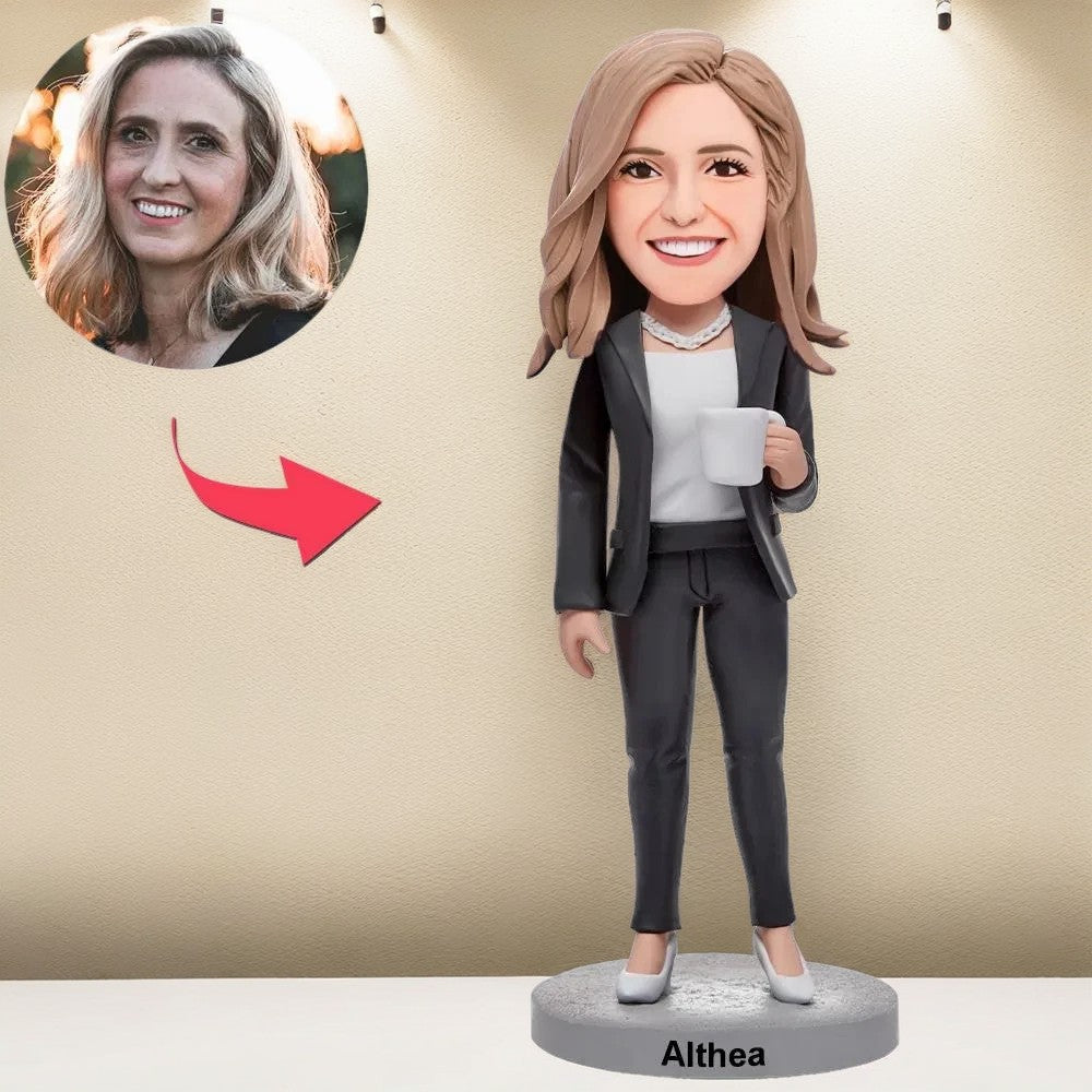 Business Woman Holding A Water Glass Custom Bobblehead With Engraved Text