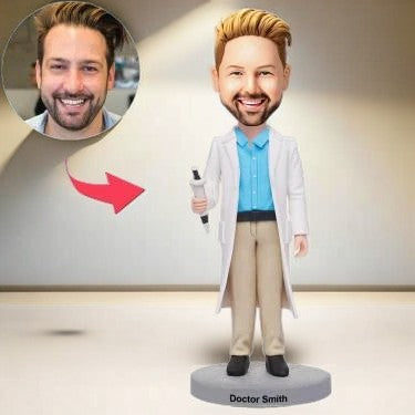 Male Doctor Holding A Syringe Custom Bobblehead With Engraved Text