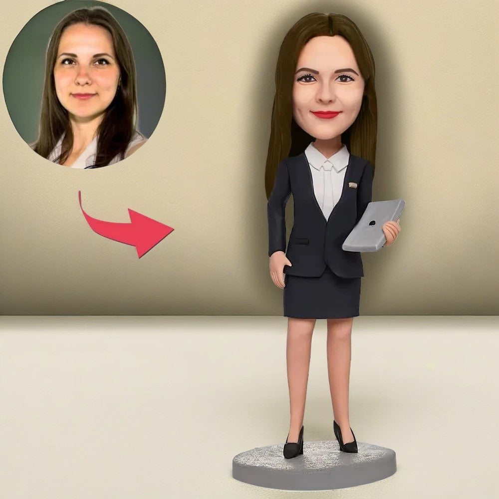 Business Woman Holding A laptop Custom Bobblehead With Engraved Text