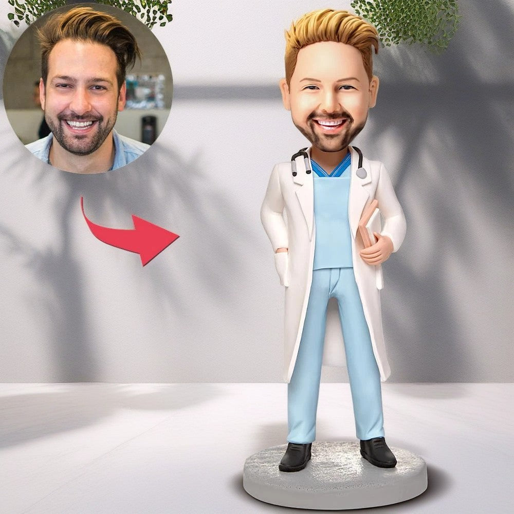 Male Doctor With Stethoscope Custom Bobblehead With Engraved Text