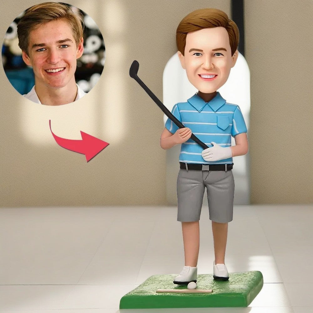 Male Golfer Posing Custom Bobblehead With Engraved Text