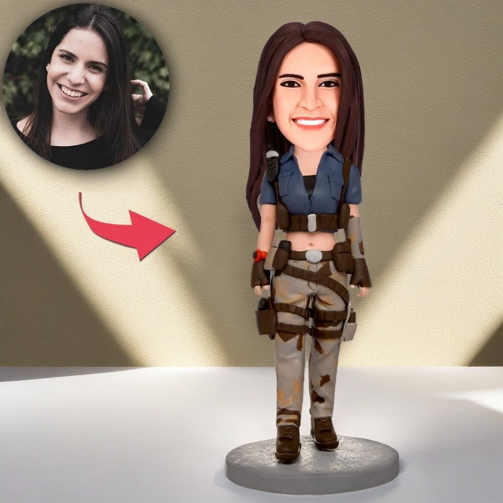 Holding A Gun Female Custom Bobblehead With Engraved Text