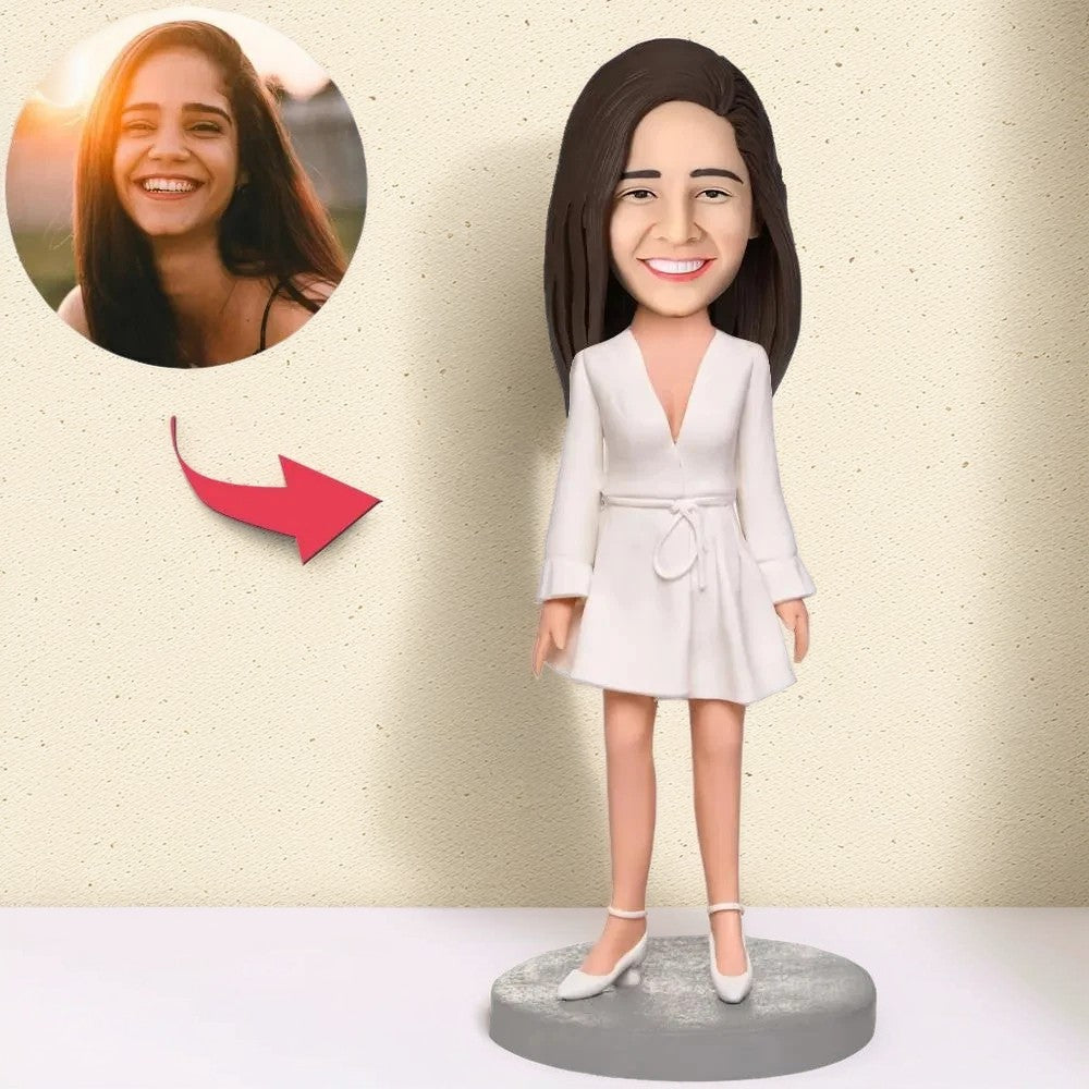 Beautiful Girl Wear White Dress Custom Bobblehead With Engraved Text