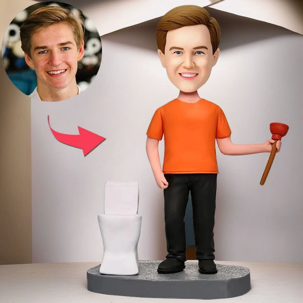 Plumber Wearing A Stylish T-Shirt And Boots Custom Bobblehead With Engraved Text