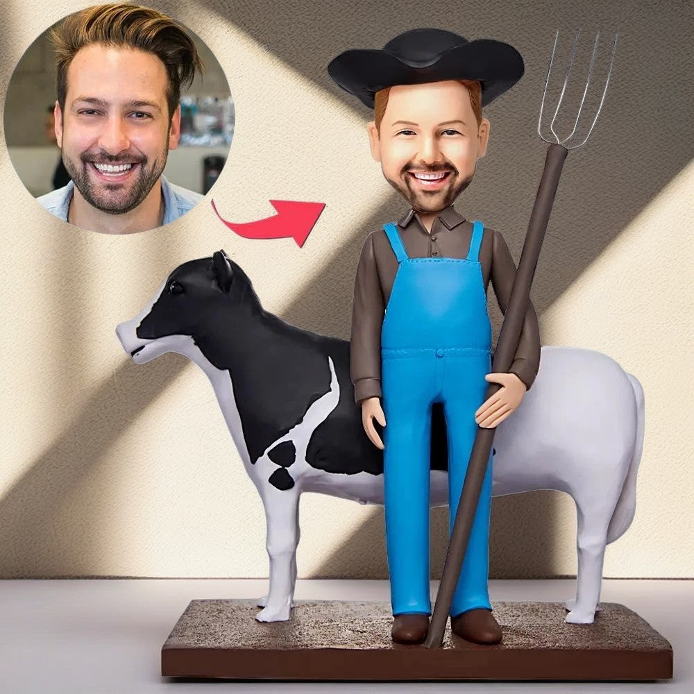 Farmer And Cow Custom Bobblehead With Engraved Text