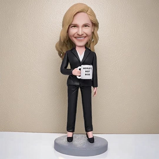 Female Business Christmas Gift Custom Bobblehead Gift World's Best Boss Holding A Water Glass