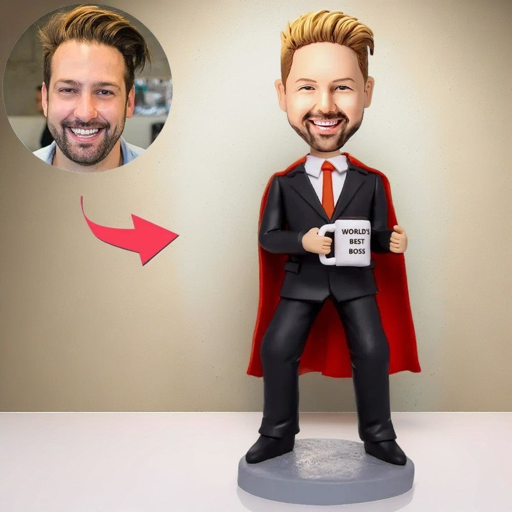 World's Best Boss Super Businessman Holding A Water Glass Custom Bobblehead With Engraved Text