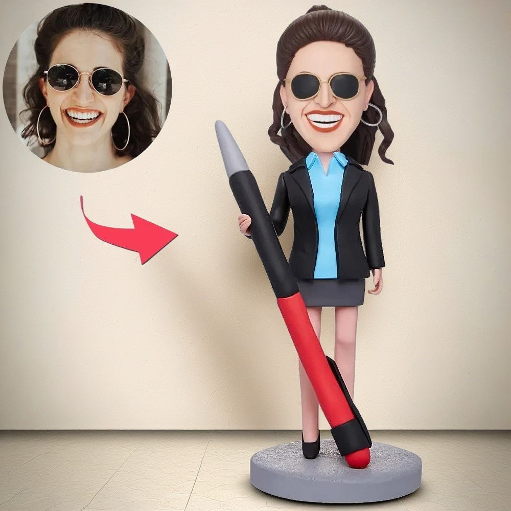 Female Boss And A Pencil Custom Bobblehead With Engraved Text