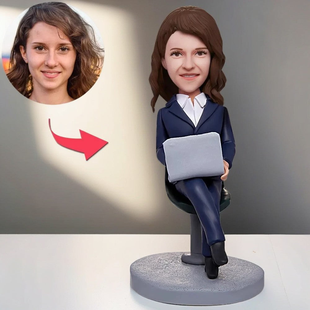 Female Boss Working With Laptop Engraved Text Custom Bobblehead