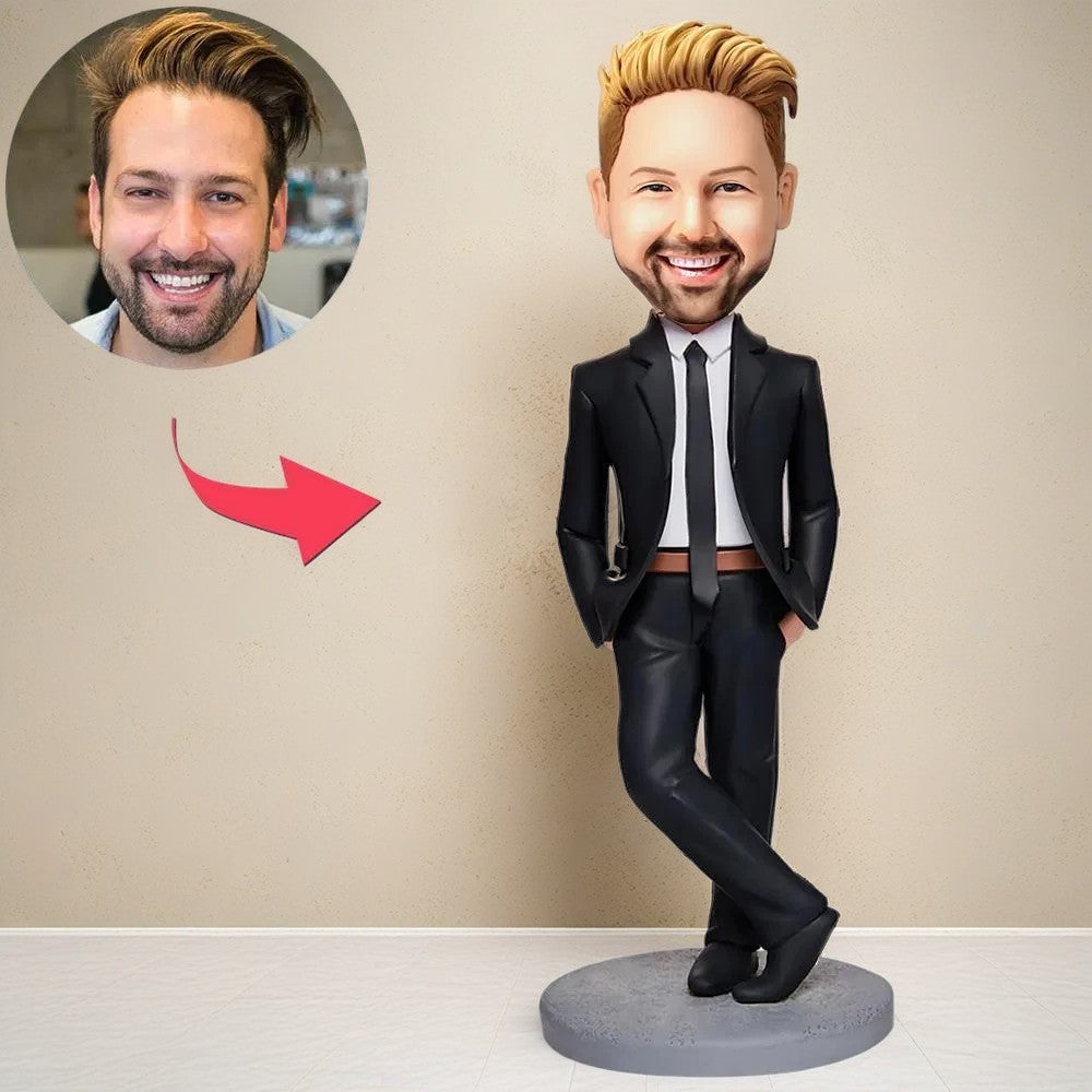 Business Man With Hands In Pockets Custom Bobblehead With Engraved Text