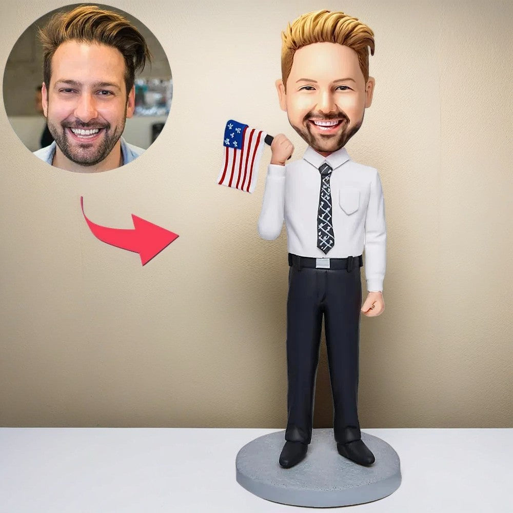 Business Man Holding An American Flag Custom Bobblehead With Engraved Text