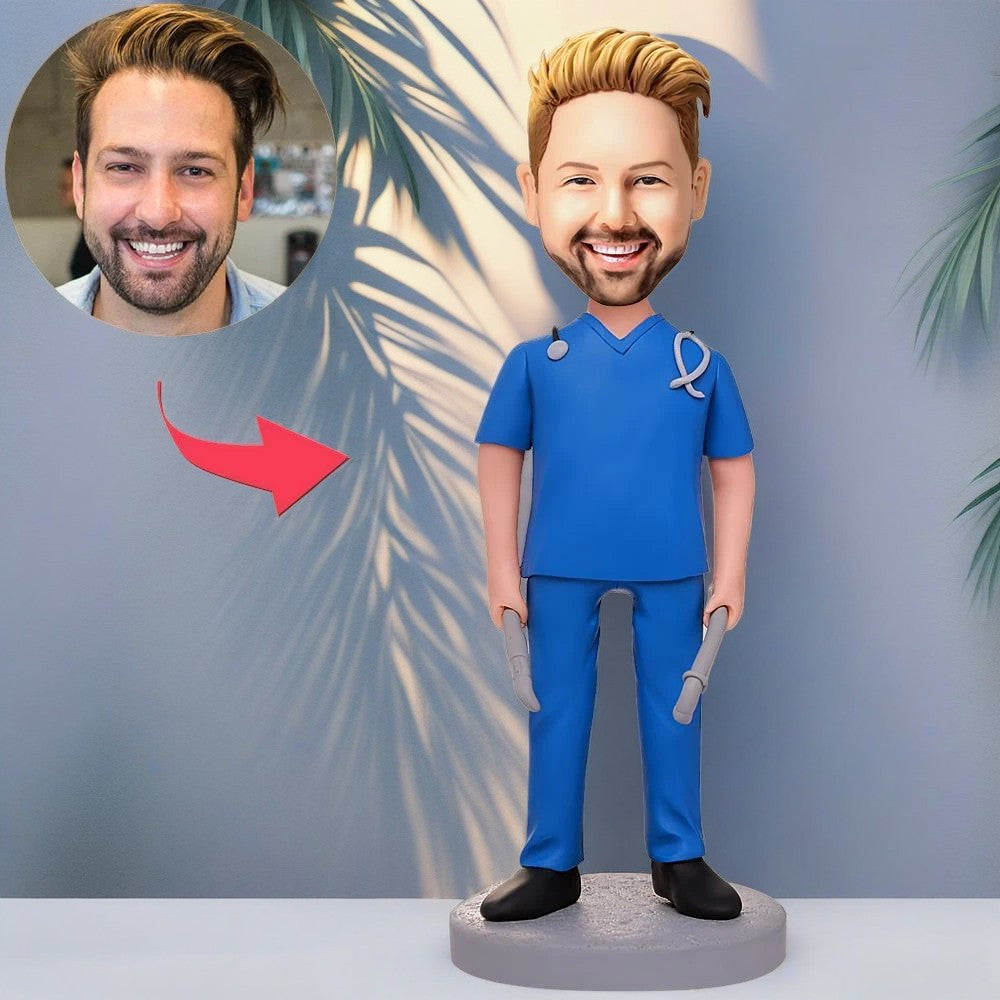 Male Doctor Holding Tools Custom Bobblehead With Engraved Text