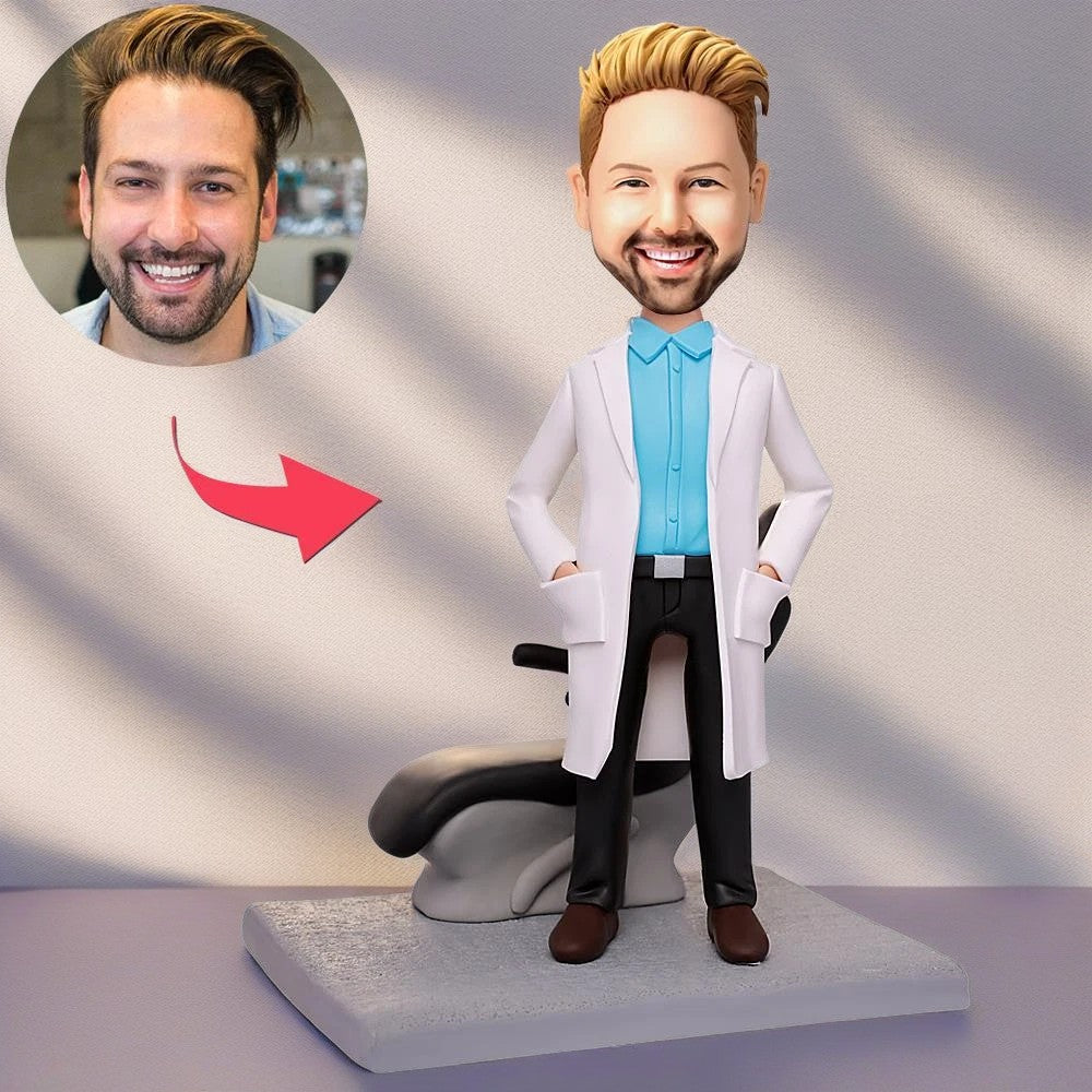 Male Dentist And Chair Custom Bobblehead With Engraved Text