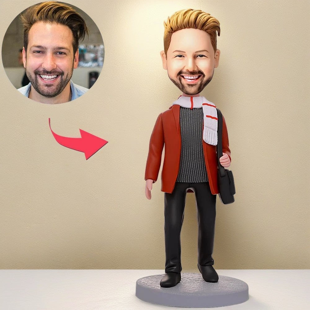 Casual Man In Scarf Custom Bobblehead With Engraved Text