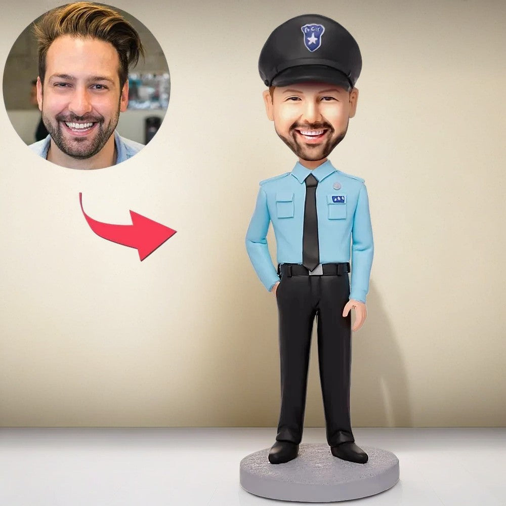 Policeman In Blue Police Uniform Custom Bobblehead With Engraved Text