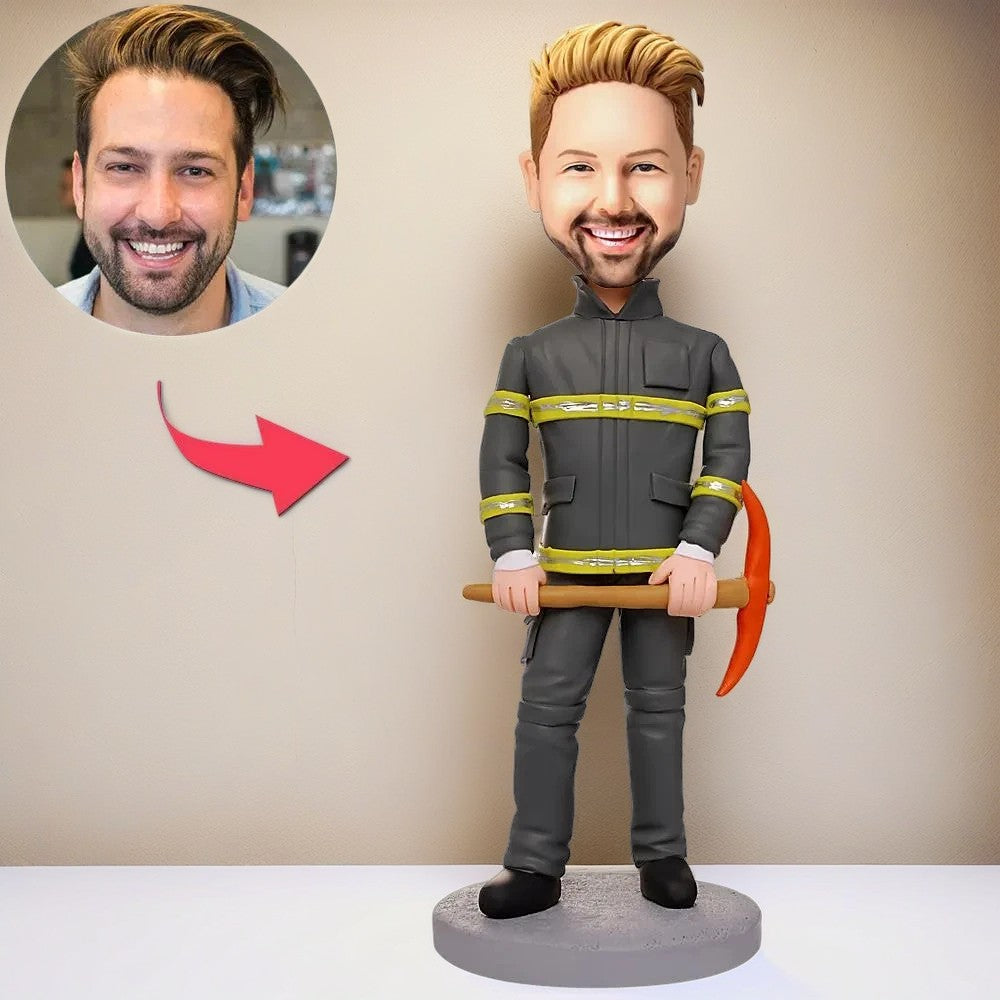 Fireman Holding Tools Custom Bobblehead With Engraved Text