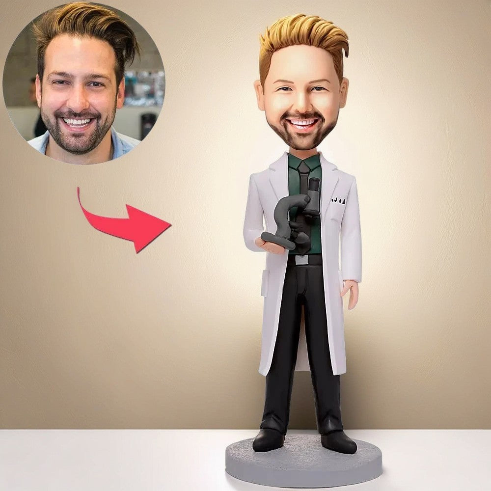 Scientist Holding A Microscope Custom Bobblehead With Engraved Text