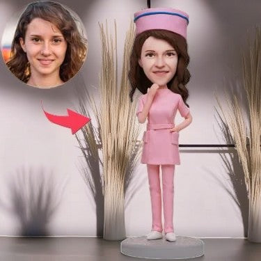 Female Nurse In Pink Nurse Uniform Custom Bobblehead With Engraved Text