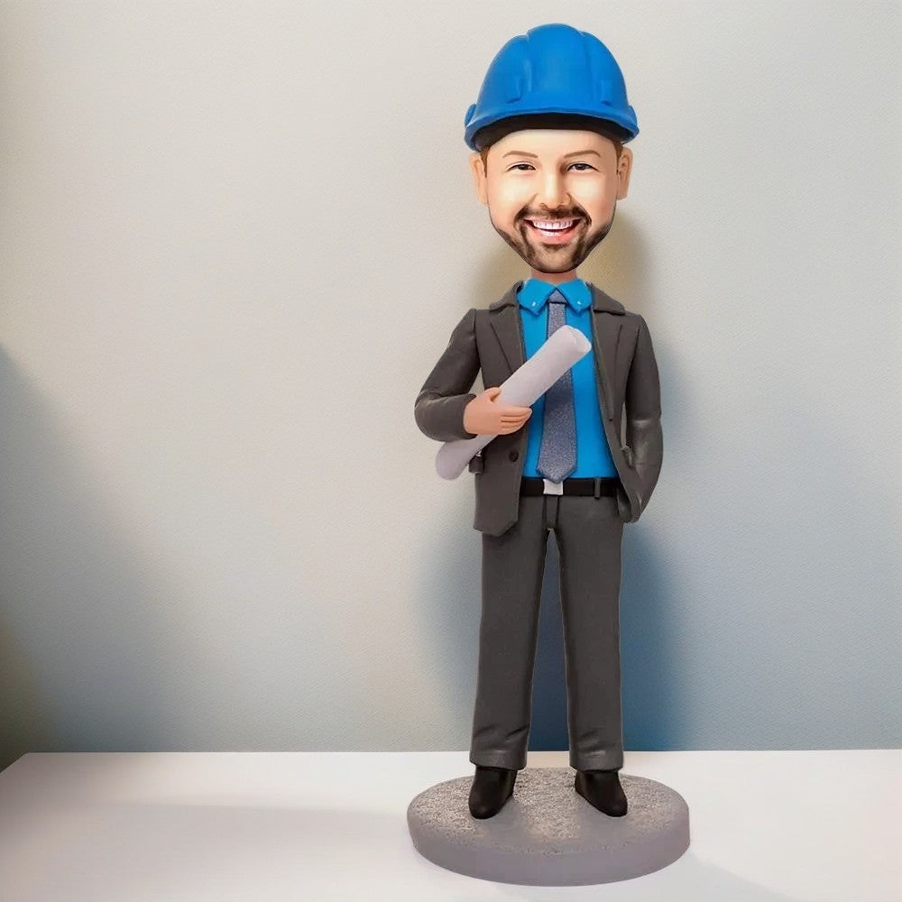 Engineer Holding Blueprints Custom Bobblehead With Engraved Text