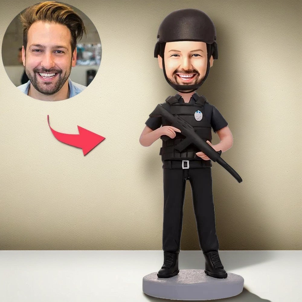 Police Holding HK416 Custom Bobblehead With Engraved Text