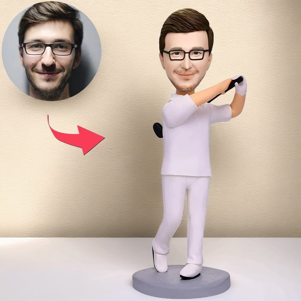 White Suit Golfer Custom Bobblehead With Engraved Text