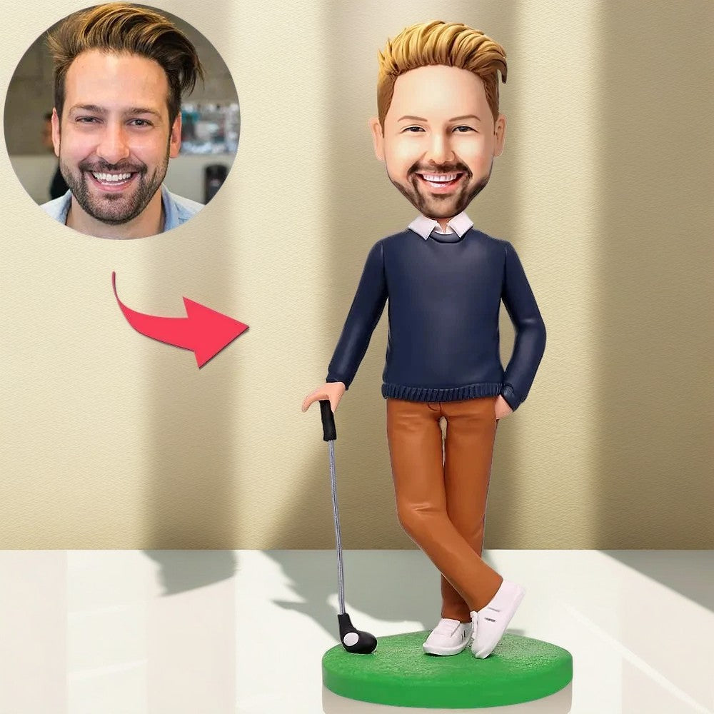 Man Playing Golf Custom Bobblehead With Engraved Text