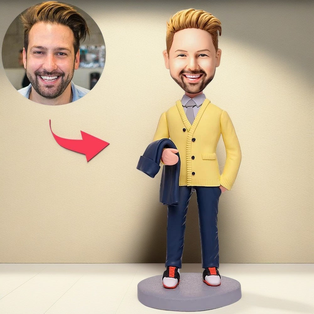 Fashion Man Holding Clothes Custom Bobblehead With Engraved Text